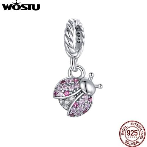 WOSTU 925 Sterling Silver Charms Small Pendant Pink Ladybug Bead Fit New Bracelet For Women DIY Jewelry CQX125