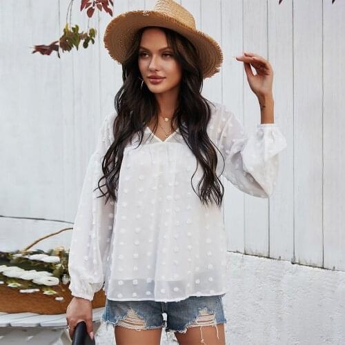 2021 Spring/Summer V-neck White Long-sleeved Chiffon Tops Ladies' Casual Loose Top Crop Ladies' Fashion All-match Pullover