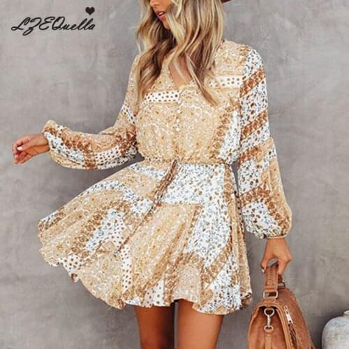 Women Boho Printed Chiffon Mini Dress Summer V Neck Ruffled Sexy Beach Dresses A Line Long Sleeve Holiday Casual Dresses NZ3311