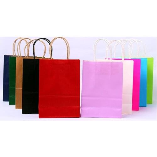 50 pcs 15 Colors (21*13*8cm) Kraft paper bag with handles Festival gift package Solid Color Square Shopping Bag