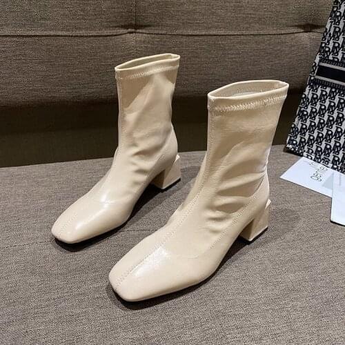 Womens Autumn Winter New Style Square Toe Mid-tube Boots Thick-heeled Martin Boots Fashion Sleeve Simple High Heel Ankle Boots
