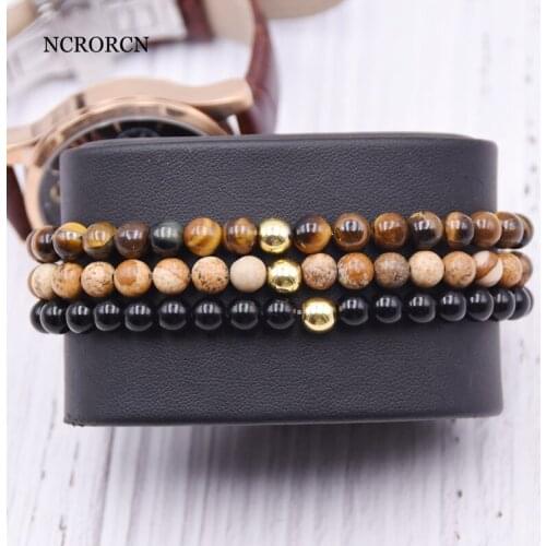 Fashion 3 Pcs/Set 6mm Small Natural Stone Beads Bracelet Simple Tiger Eyes Obsidian Braclet For Men Hand Jewelry Homme