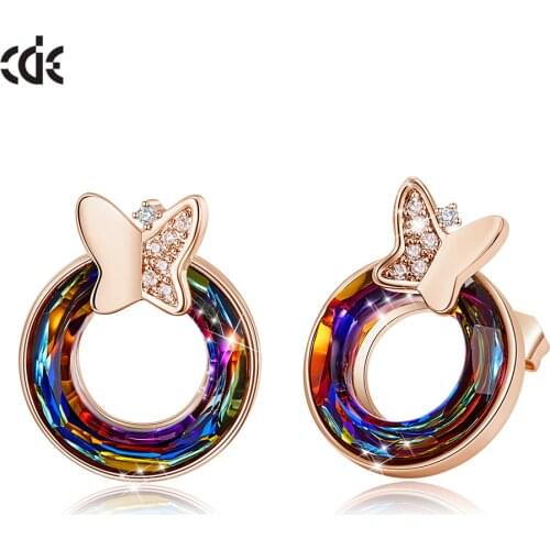 CDE 2020 Women Fashion Jewelry Copper Stud Earring Crystal Hollow Round Shaped Rose Gold Earrings with Butterfly