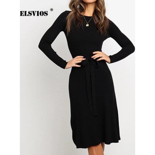 ELSVIOS 2019 Autumn Winter Knitted Sweater Dress Women Sexy O Neck Long Sleeve A-Line Dress Ladies Knee Party Dress Belt Vestido