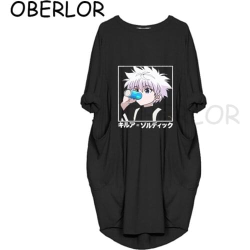 Kawaii Hunter X Hunter Funny Cartoon T-shirt Dress Killua Zoldyck Anime Manga Black Dresses Tops Women Clothing Vestido De Mujer