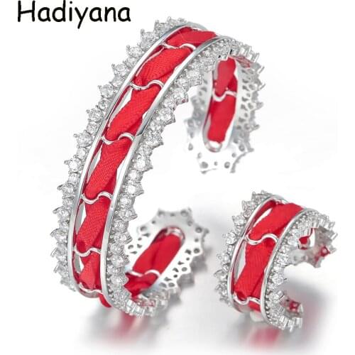 Hadiyana Cubic Zirconia New Arrival Round Shape Jewelry Set Red / Green/Black Ribbon Adjustable Size Bangle Ring Set BS3027