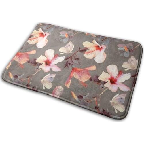 Coral Hibiscus Mat Rug Carpet Anti - Slip Bedroom Entrance Door Mat Coral Floral Hibiscus Tropical Leaves Natural Painted Patter