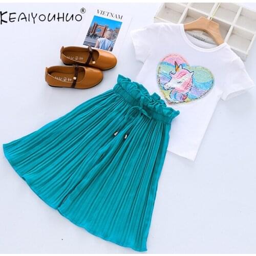 2021 Summer New Baby Girls Clothing+Pants 2 Pieces Suit Casual Kids For Girls Unicorn Sequin Print Pattern Clothes 2-6-10 Year