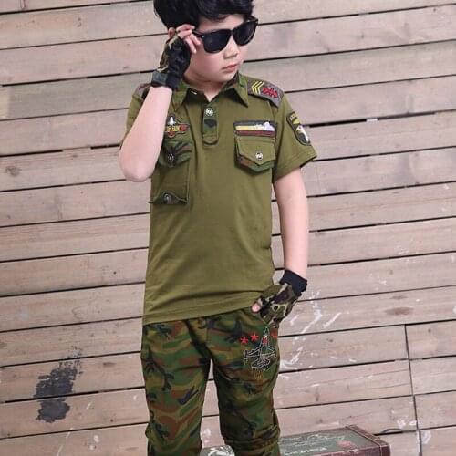Scout Camouflage Suits Boys Summer Camp T-shirt+Shorts Set Militray Training Clothes Thin Green Short Sleeve