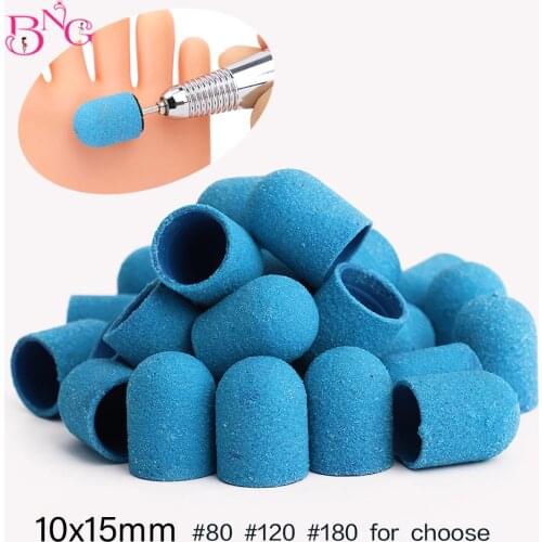 10pcs #80/120/180 10*15 13*19mm Sanding Bands Block Caps Blue Grit Sanding Cap Manicure Pedicure Electric Nail Drill cutters