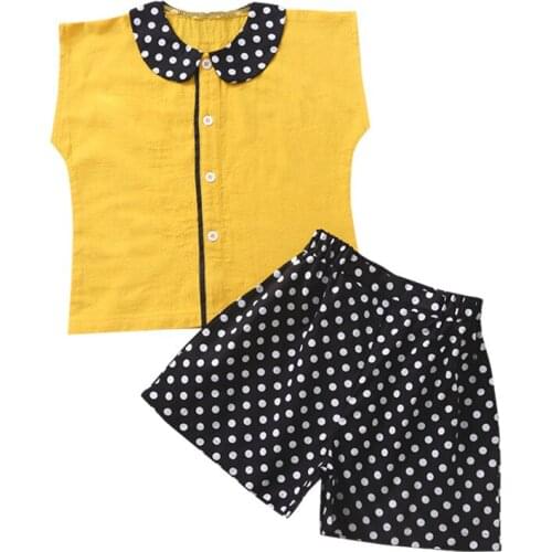 Summer Toddler Kids Girls Set Suits Mustard Shirt + Polka Dot Short Pants Suits 2pcs