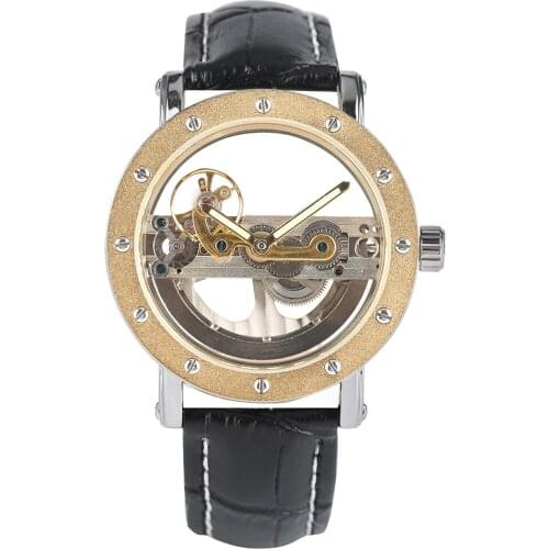 Mens Transparent Watch Automatic Self-Winding Mechanical Watch Leather Strap Stainless Steel Case Wristwatch