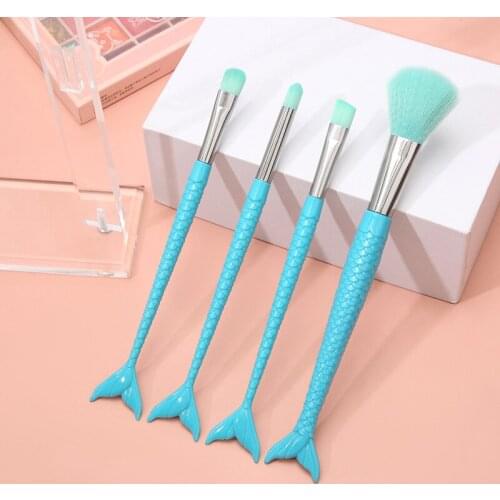 Lucky-Girls 4Pcs Mermaid Theme Blush Eye Shadow Eyebrow Blending Makeup Brushes Set Professional Cosmetics Tools Kit Candy Color