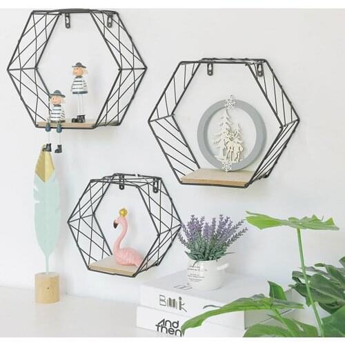 Wall Mounted Grid Floating Shelf Modern Geometry Hexagon Metal Wall Storage Shelves Display Racks