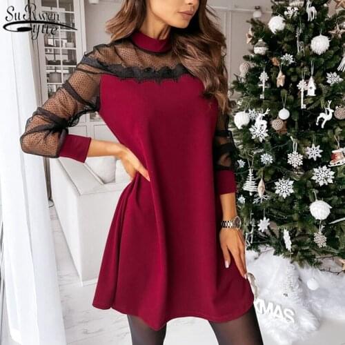 Spring New Above Knee Fashion Dresses Sexy Lace Mesh Spliced Dress Plus Size Loose A-line Long Sleeve Dress Red Vestidos 12835