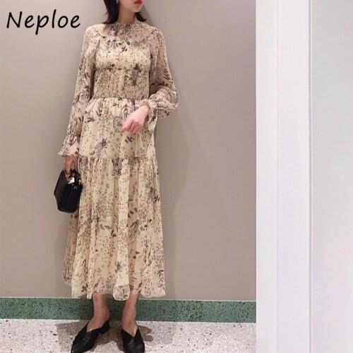 Neploe Bohemian Holiday Print Dress Women High Waist Hip A Line Slim Long Vestidos O Neck Long Sleeve Robe Spring 2021 New