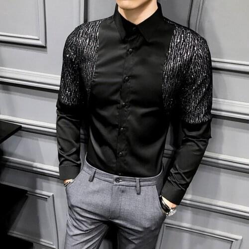 Casual Men Shirt Long Sleeve 2020 Sequin Black White Slim Fit Top Blouse Night Club Party Bar Streetwear Social Dress Shirts
