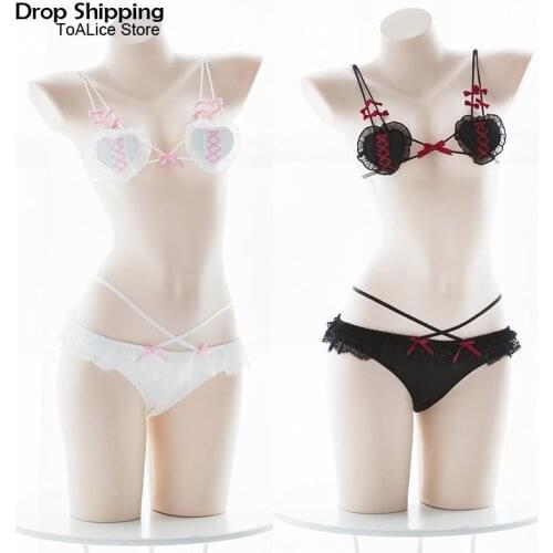 Drop Shipping Sexy Micro Bikini Extreme Valentine Lingerie Ribbon Kawaii Frilly Heart Lace Bra and Panty Set Anime Cosplay 2pcs