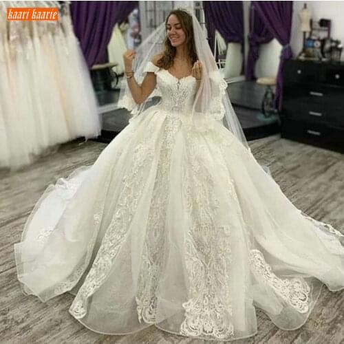 Luxurious African Custom Made Wedding Dresses Off Shoulder Appliqued Lace Up Bridal Dress Arabic High Quality 2020 Wedding Gowns