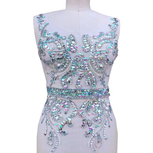 Handmade rhinestones patches trim clear AB colour beads sequing applique for wedding dress accessory 60*36cm