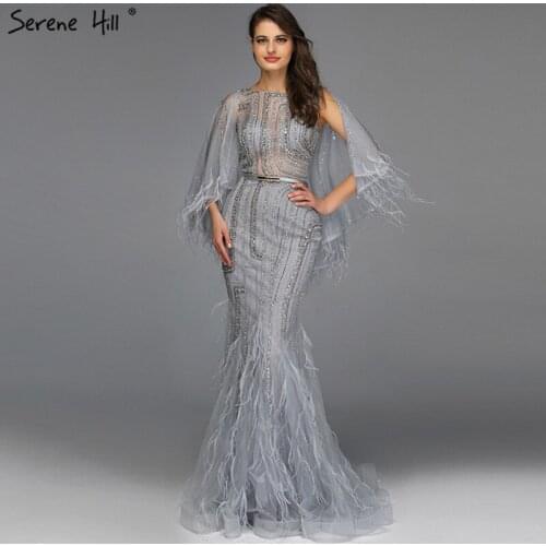 Serene Hill Grey O-Neck Feathers Beading Luxury Evening Dresses Women Sleeveless Sexy Formal Dinner Party Gowns 2021 DLA70153