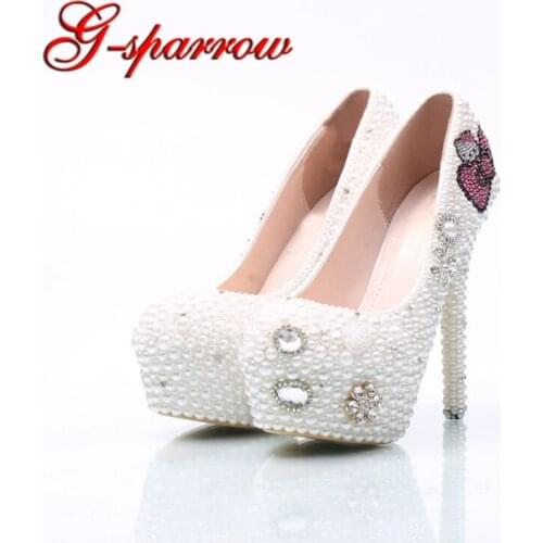 Large Size Rhinestone Wedding Shoes Bridal Pumps Handmade White Pearl Women High Heels Party Prom Shoes Middle Heel