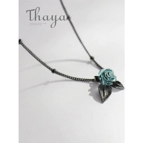 Thaya Genuine s925 Silver Blue Rose Flower Crystal Pendant Necklace Plant Jewelry Ladies for Necklace Women Punk Style