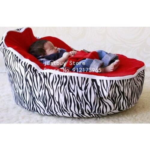 Zebra with red and black harness seat baby bean bag sofa chair, waterproof kids feeding sofa beds without filler