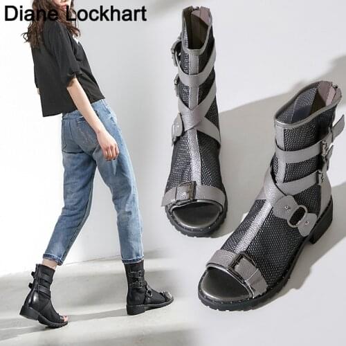 Genuine leather Rome boots for women open toe mesh summer boots Female buckle Fashion gladiator shoes woman ankle boots 38s 39s