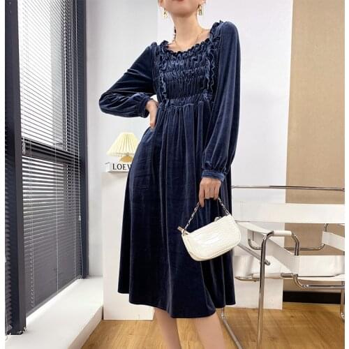 2021 Fashion Elegant Blue Velvet Dress for Women Long Sleeve Loose Ruched Dress Ladies Empire Knitted Casual Winter Dress Woman