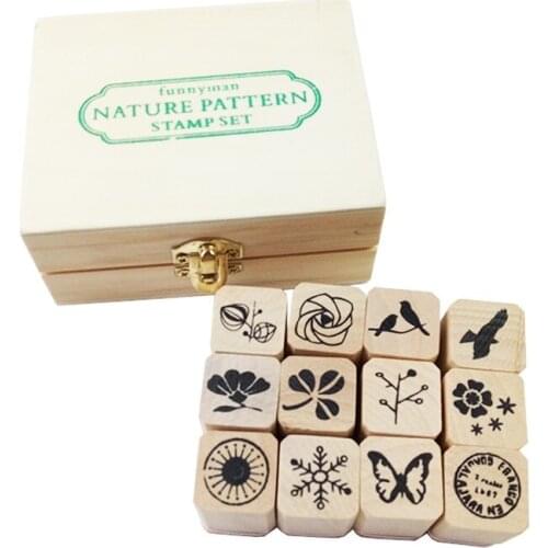 12Pcs per set Nature Pattern Stamps Sets Wooden Rubber Stamp Scrapbooking Stationery Painting Cards Decor Kawaii