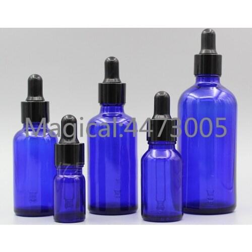 2/10pcs 5ml 10ml 15ml 20ml 30ml 50ml 100ml Empty DIY Cosmetic Blue Glass Essential Oil Bottles with Black Dropper Cover Pipette