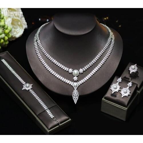 New 2 Layers Leaf 4pcs Pearls Zirconia Bridal Jewelry Sets Luxury Dubai CZ Crystal Wedding Jewelry Sets for Women Party Prom