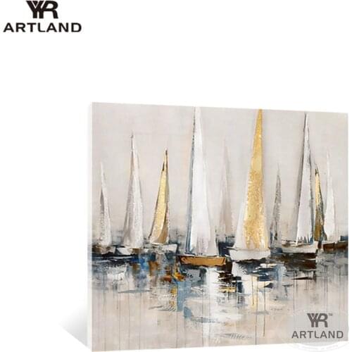 Gold sailing boats abstract painting for wall decoration Hand drawn oil painting on canvas acrylic picture for living room Hotel