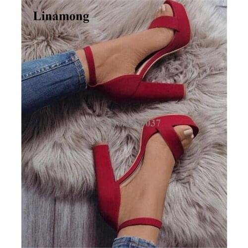 Women Fashion Open Toe Suede Leather High Platform Chunky Heel Sandals Red Pink Ankle Buckle Strap High Heel Sandals Dress Heels