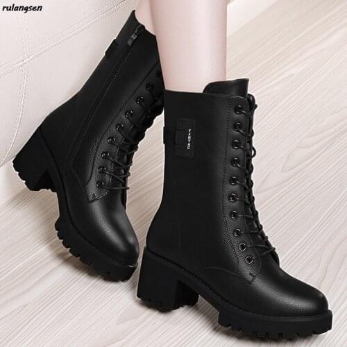 Thick-Heeled Mid-Tube Martin Boots Womens Leather Boots 2021 New Womens Boots High-Heeled Winter Boots Plus Size