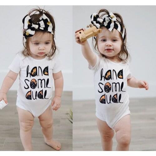 DERMSPE Newborn Baby Boys Girls Short Sleeve Letter Print Hand Some Dude Cotton Romper Outfits Baby Jumpsuits White Clothes