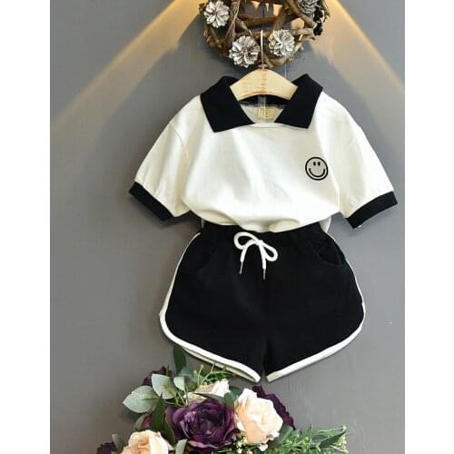 Childrens summer suit 2021 new baby smiley face pattern lapel T-shirt top shorts trendy fashion two-piece toddler set