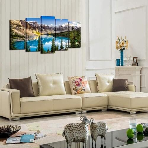 The Lake Under The Snow Mountain Canvas Painting Five-Piece Home Decoration Wall Picture Living Room Decor Posters and Prints