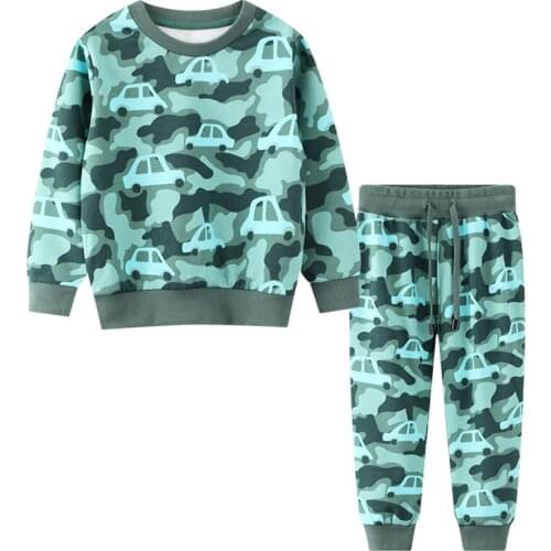 Jumping meters Toddler Boys Cyan-blue Clothing Sets with Camouflage Car Pattern Autumn Long Sleeves Trousers Cute Pants 2-8Y