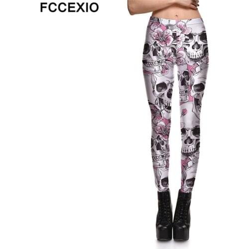 FCCEXIO White Skull 3D Print Sexy Leggings Plus Size Fitness Leggins Workout Female Summer Women Fashion Seamless Pants