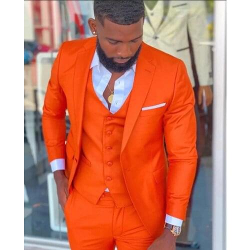 New Arrival Men Suit Orange Notch Lapel Business Casual Evening Tuxedo 3 Pcs(Blazer+Pants+Vest)Custom Made Man Suit For Wedding