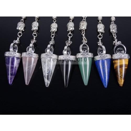 Natural Gems Stones Buddha Head Pointed Pendulum Reiki Chakra Charms Pendant Silver Plated Jewelry Design 5Pcs/Pack