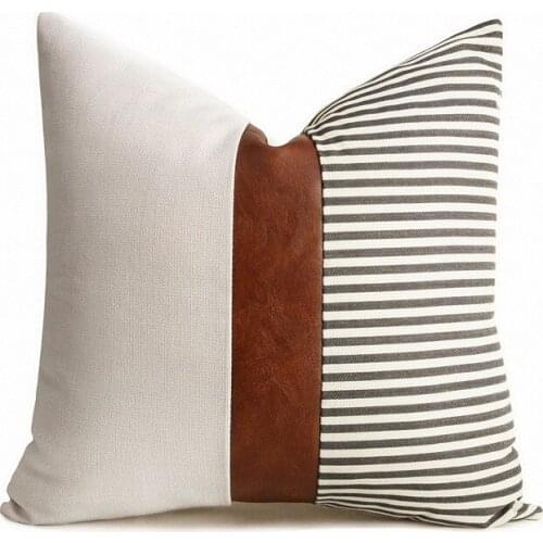 Nordic PU Leather Throw Pillow Cover Decor Stripe Canvas Patchwork Pillowcases for Sofa Bed Car Seat Square Cushion Covers 45*45