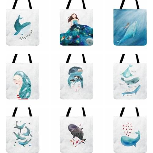 Ocean Dream Cartoon Whale Printed Tote Bag For Women Casual Totes Foldable Shopping Bag Outdoor Beach Bag Ladies Shoulder Bags