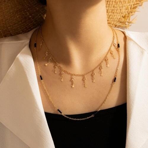 Tocona Charming Star Tassel Necklace for Women Black Bead Gold Chain Multilayer Party Necklace Bohemian Jewelry Gift 10062