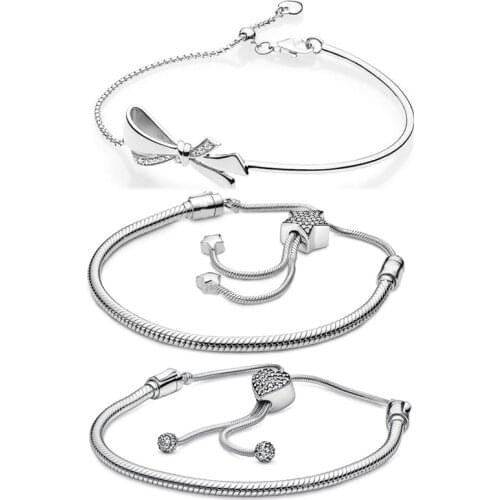 Original Moments Pave Star & Snake Chain Heart Clasp Sliding Bracelet Bangle Fit Pandora 925 Sterling Silver Charm Jewelry