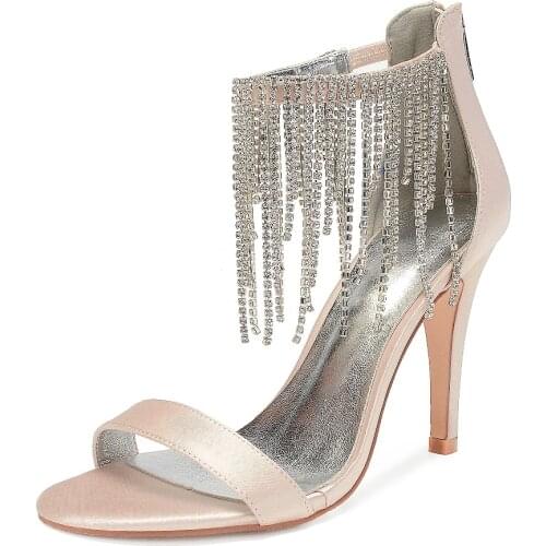 Sexy crystal rhinestone fringe ankle strap lady satin evening dress sandals bridal wedding party night club high heel shoes pump