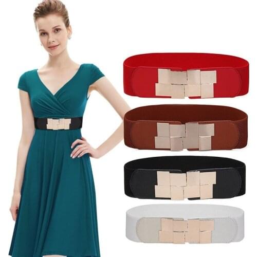 Fashion Women Elastic Belts Luxury Brand Pu Leather Gold Buckle Waist Strap Stretchy Women Dress Adornment Ladies Wide Waistband