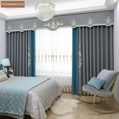 Custom curtain bedroom luxury floor-to-ceiling Korean embroidery yarn grey cloth blackout curtain valance tulle panel C736